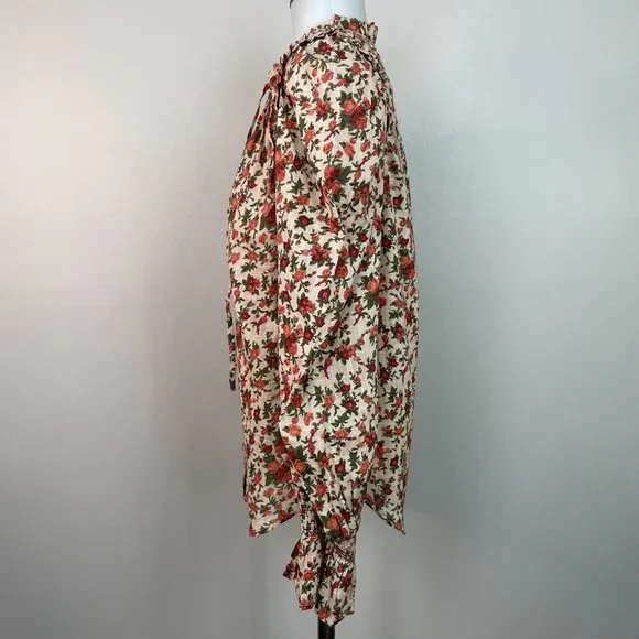 Free People Top XS Floral Orange Green Puff Sleeve Cotton Boho Blouse Women's - Picture 7 of 15